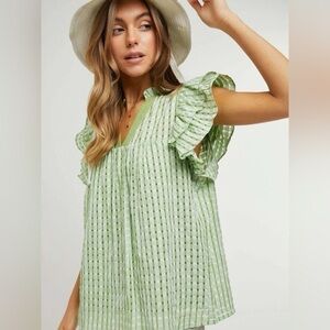 Davi & Dani Mandarin Collar Ruffle Sleeves Hem Top Blouse Green Plaid Size Small